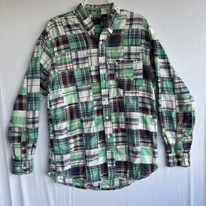 Vtg 90s Y2K IZOD Madras Plaid Button Up Shirt Men Lg Green Blue Patchwork Preppy